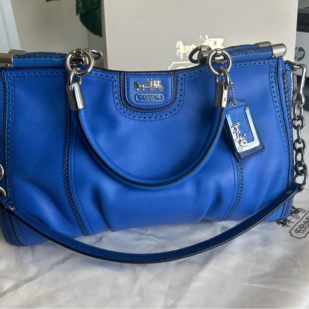 Cobalt blue Coach Madison Pinnacle Zig-Zag Perforated Carrie Satchel.